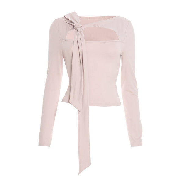 Long sleeve hollow out irregular self tie top