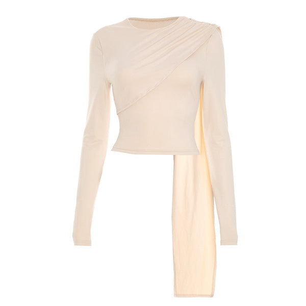 Crewneck long sleeve ruched irregular top