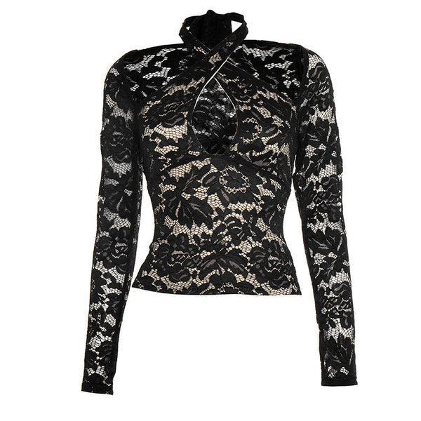 Cross front halter self tie lace long sleeve top