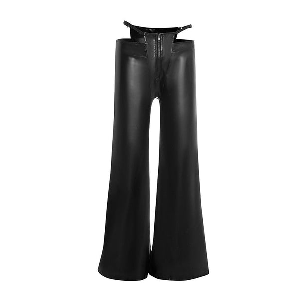 Zip-up PU leather hollow out wide leg pant