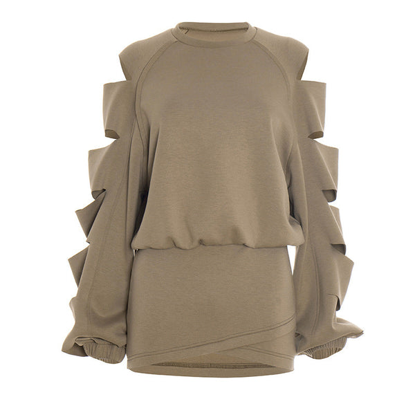 Hollow out long sleeve crewneck mini skirt set