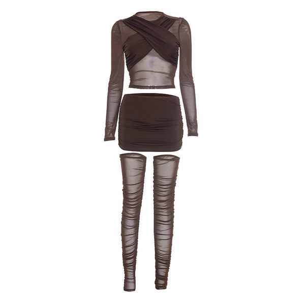 Mesh crewneck long sleeve ruched mini skirt set