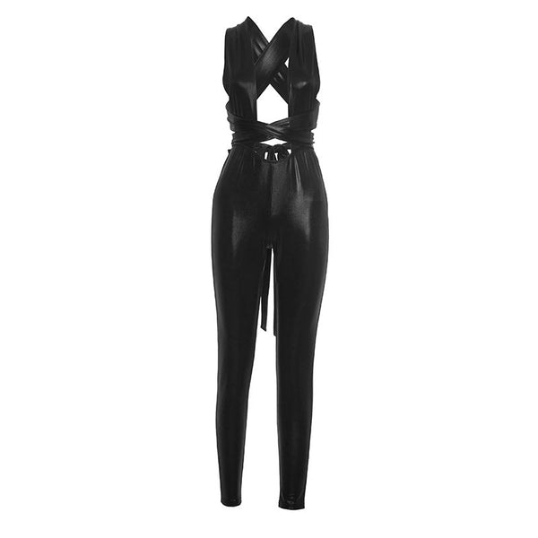 Cross back self tie backless solid jumpsuit