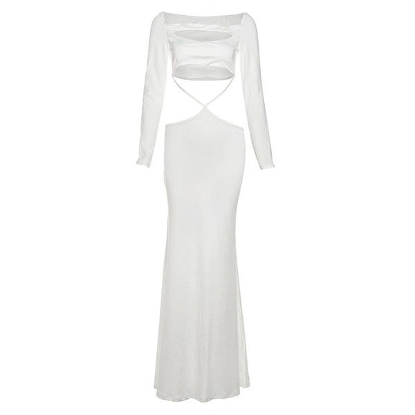 Long sleeve hollow out solid maxi dress