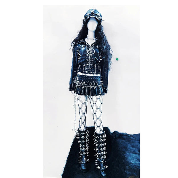 Long sleeve PU leather rivet top