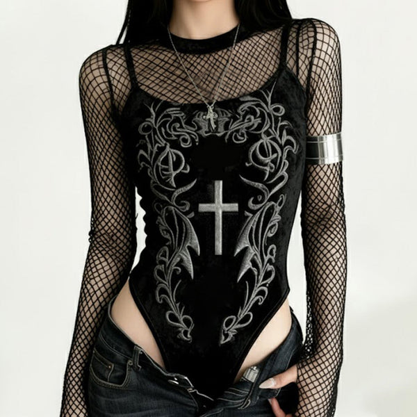 Long sleeve fishnet velvet embroidery bodysuit