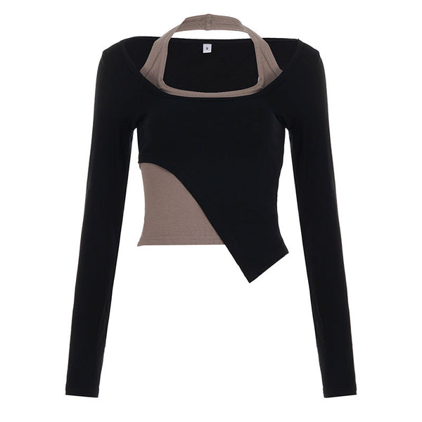 Long sleeve halter u neck patchwork top