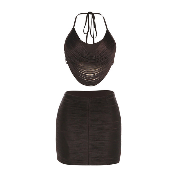 Halter backless self tie mini skirt set