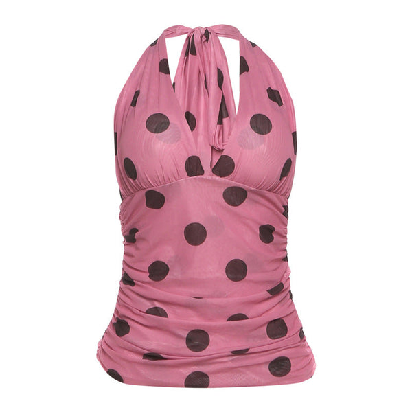 Halter v neck polka dot mesh top