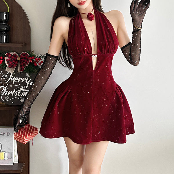 Halter deep v neck backless glitter mini dress
