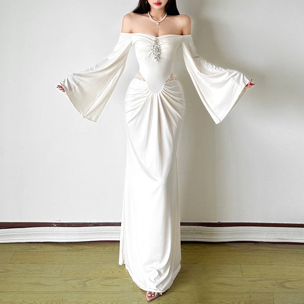 Off shoulder long flared sleeve ruched maxi dress