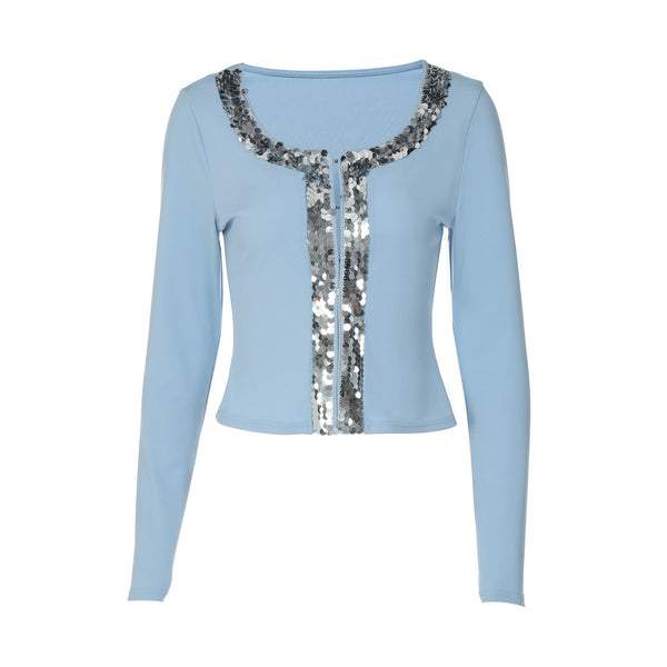 Long sleeve round neck glitter button top