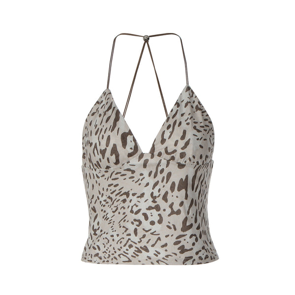 Leopard print v neck halter backless top