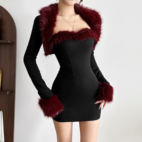 Long sleeve fluffy shrug 2 piece mini dress