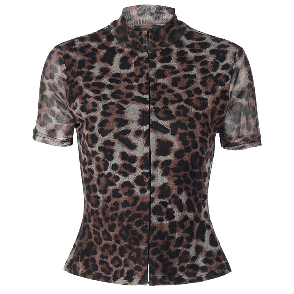 Leopard print short sleeve button top