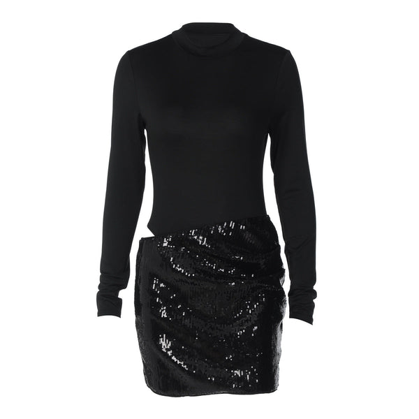 Long sleeve crewneck glitter hollow out mini dress