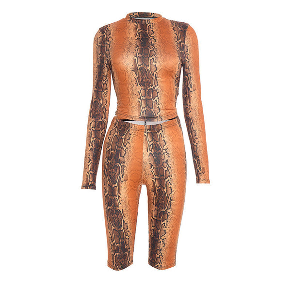 Snakeskin print crewneck long sleeve low rise pant set