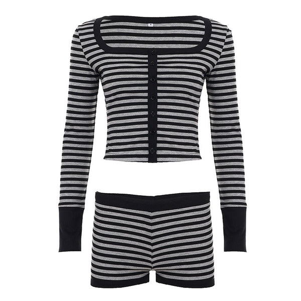 Long sleeve striped square neck low rise pant set
