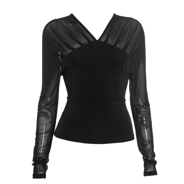 Mesh patchwork long sleeve v neck solid top