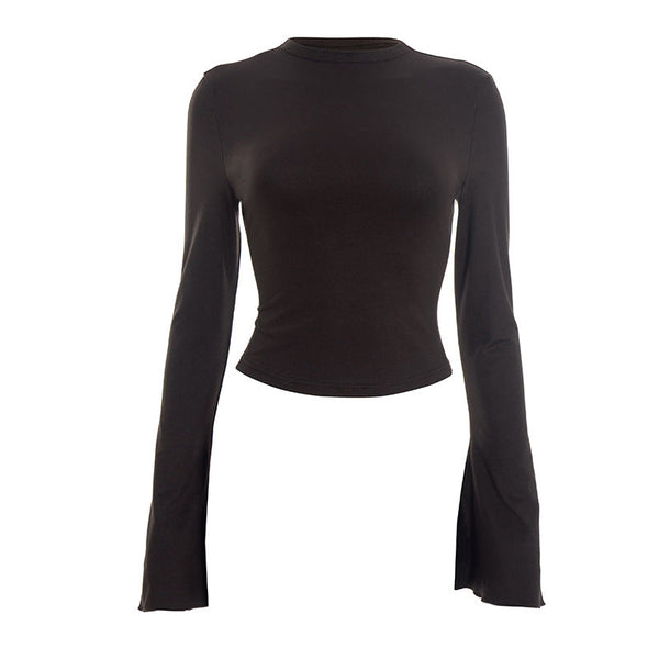 Long flared sleeve crewneck solid crop top