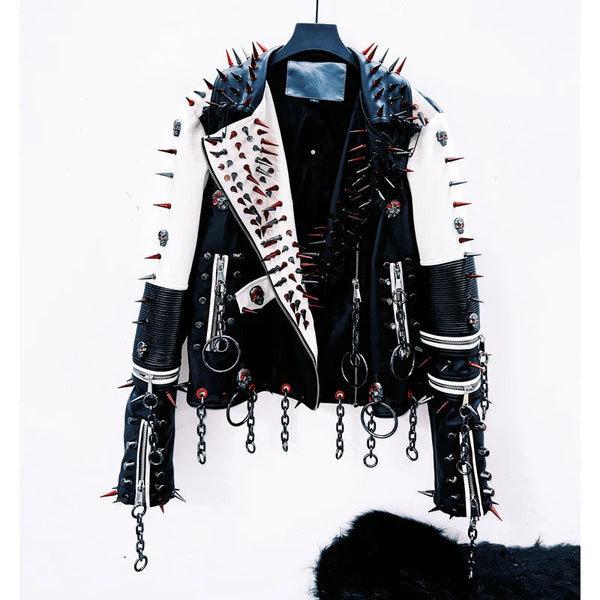 Fluffy rivet applique PU leather v neck o ring top