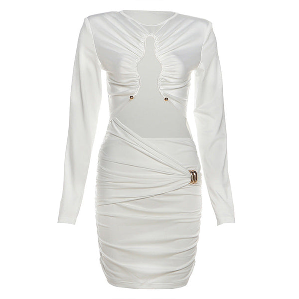 Long sleeve hollow out ruched crewneck mini dress