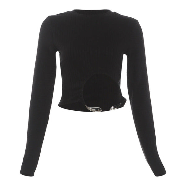 Crewneck long sleeve irregular solid crop top