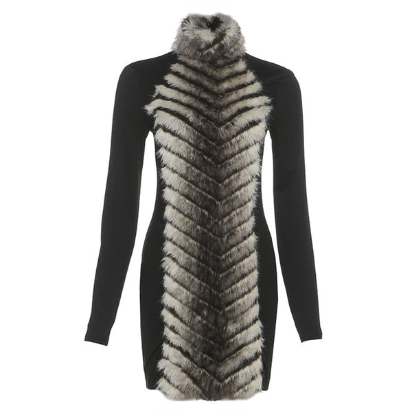 High neck fluffy long sleeve zip-up mini dress