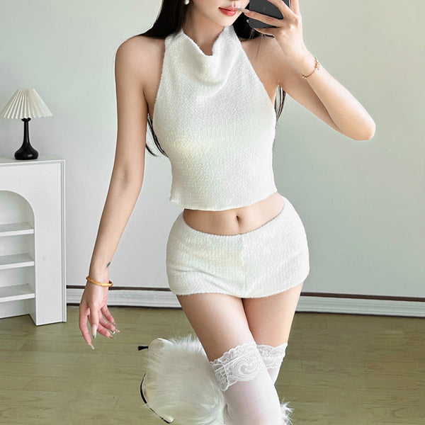 Halter button backless low rise pant set