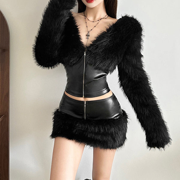 Long sleeve zip-up fluffy v neck PU leather top