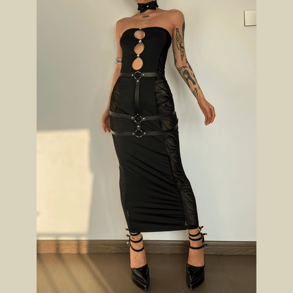 Hollow out beaded mesh backless tube midi dress