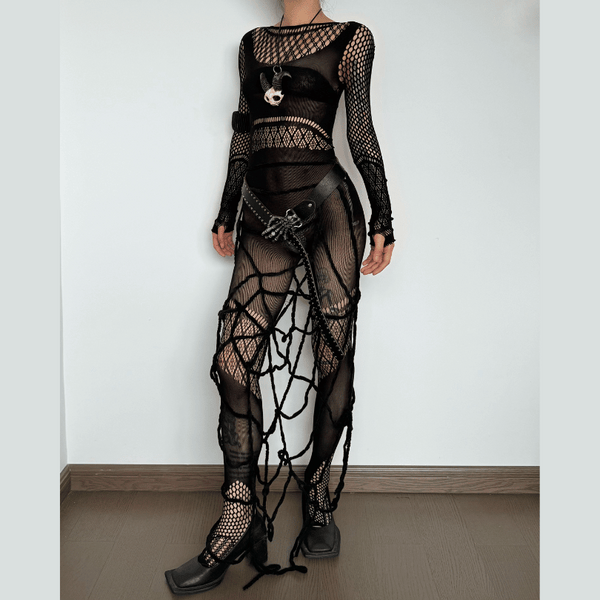 Hollow out solid fishnet long sleeve jumpsuit