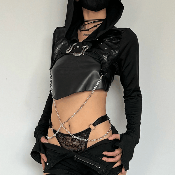 Patchwork metal chain buckle hoodie long sleeve crop top