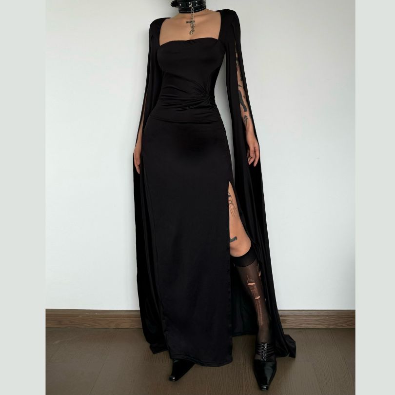 Square Slits Long sleeve high slit square neck ruched maxi dress – MUDSWEET