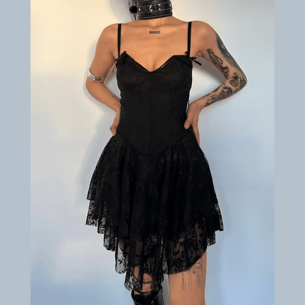 Ruffle bustier bowknot mesh lace up backless cami mini dress