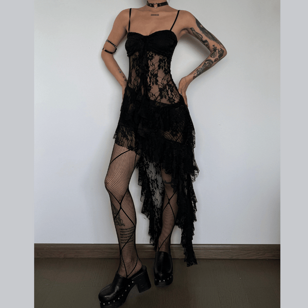 Lace ruched see through hollow out high slit maxi dress