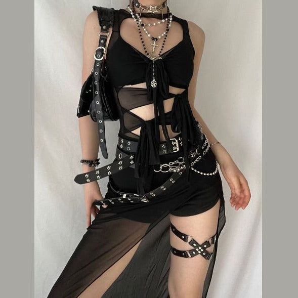 Vestido largo de malla transparente transparente, anudado, con aberturas y aberturas, gótico, moda Darkwave alternativa, gótico, moda Darkwave emo 