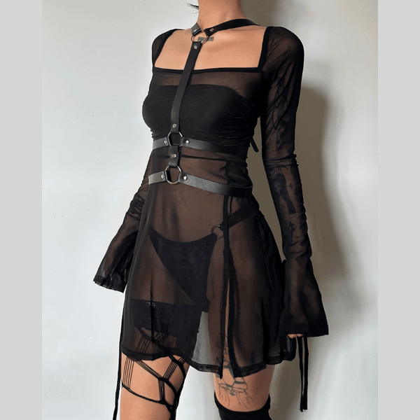 Sheer mesh see through square neck slit long sleeve mini dress y2k 90s Revival Techno Fashion