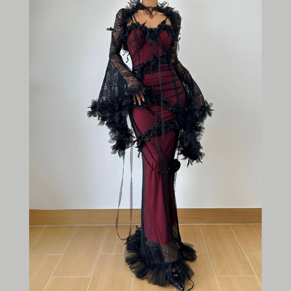 Long flared sleeve lace flower applique beaded maxi dress