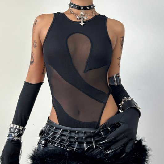 Self tie backless mesh patchwork bodysuit
