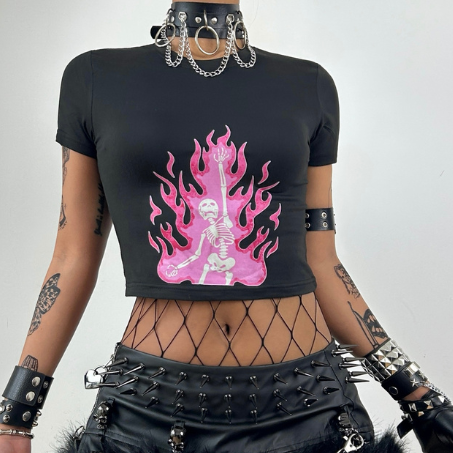 Pink fire skeleton print slant Baby Tee