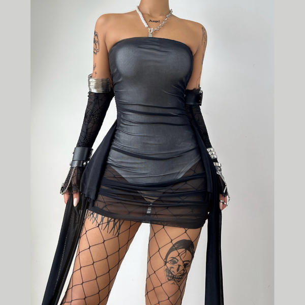 Backless mesh ruched tube mini dress