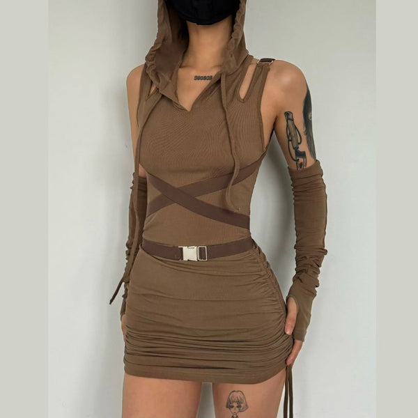 Buckle gloves drawstring hoodie sleeveless solid mini dress