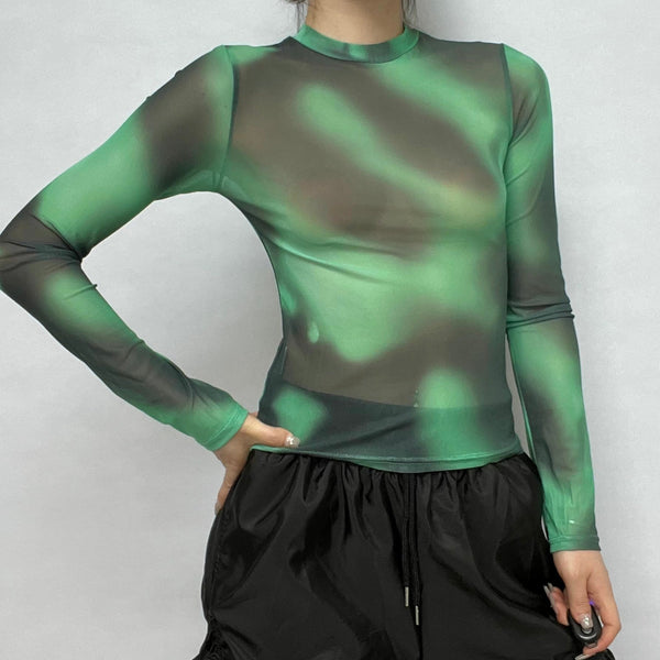 Sheer mesh see through tie dye long sleeve crewneck contrast top y2k 90s Revival Techno Fashion