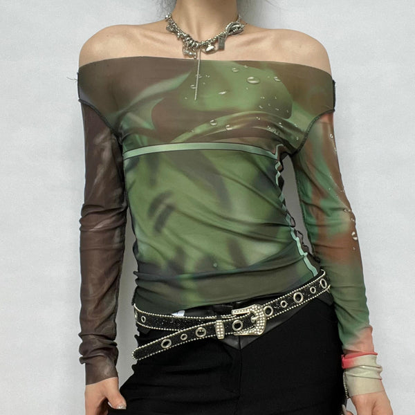 Long sleeve off shoulder sheer mesh see through print top y2k 90s Revival Techno Fashion