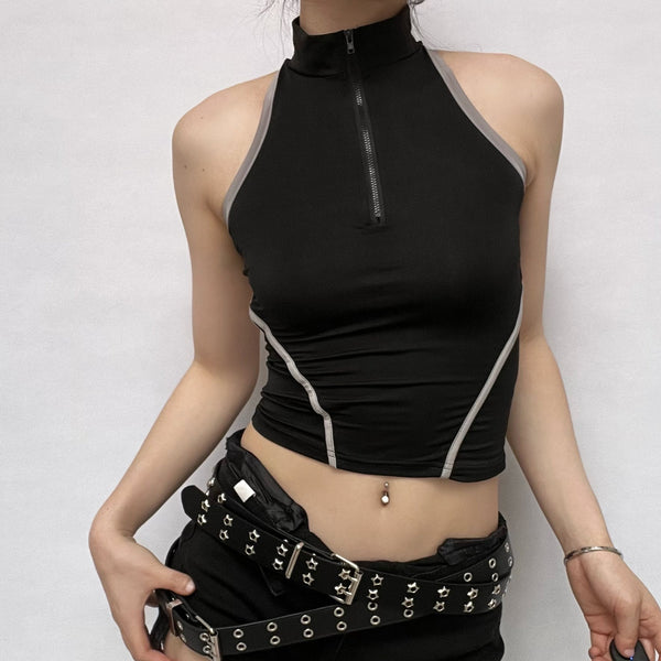 High neck contrast sleeveless zip-up hollow out backless top y2k 90s Revival Techno Fashion