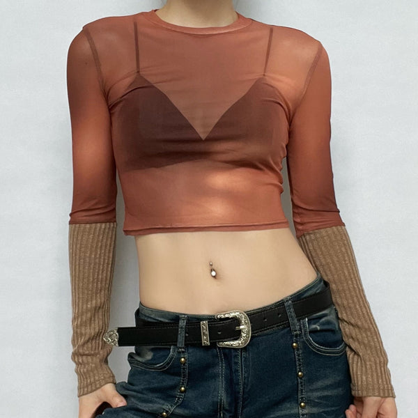 Mesh contrast knitted patchwork see through long sleeve top y2k 90s Revival Techno Fashion
