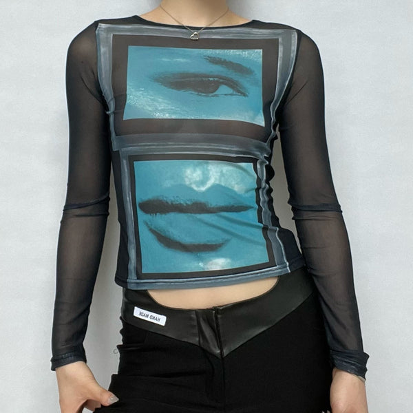 Sheer mesh see through abstract print long sleeve contrast top cyberpunk Sci-Fi Fashion