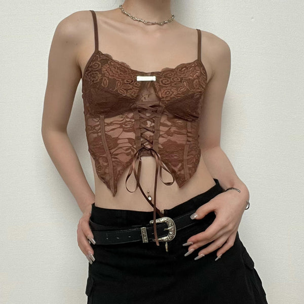 Lace metal tag low cut lace up backless cami crop top fairycore Ethereal Fashion