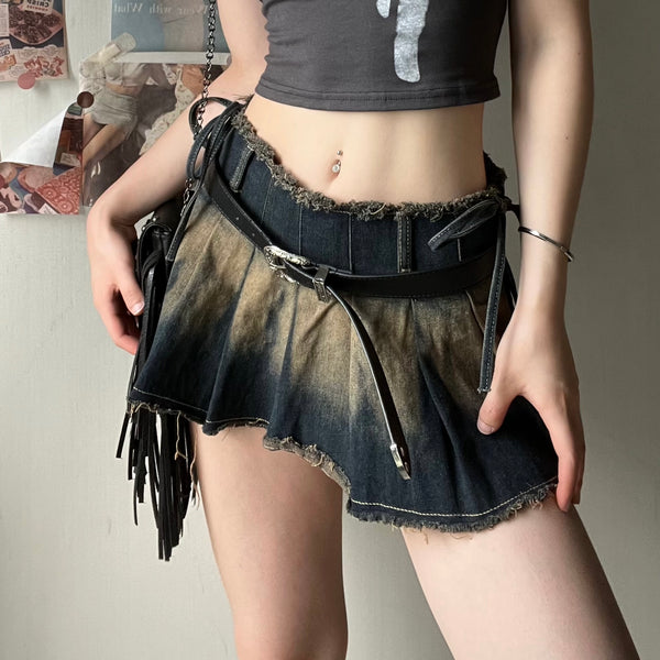 Raw hem pleated contrast self tie denim mini skirt grunge 90s Streetwear Disheveled Chic Fashion